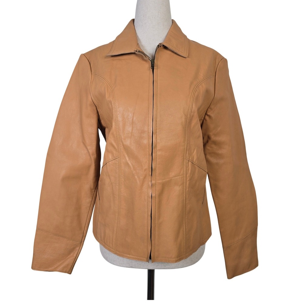 GAP Leather Jacket Tan Camel Full Zip Collared Moto Y2K Womens Small